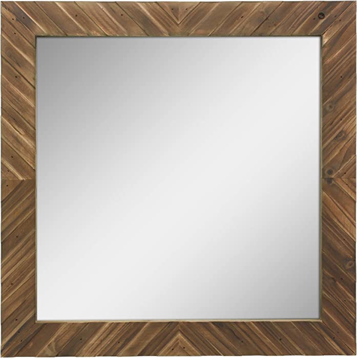 Stonebriar Square Textured Wooden Chevron Hanging Wall Mirror with Attached Mounting Brackets, Rustic Decor Accents for the Bathroom, Living Room, Bedroom, Office, and Hallway