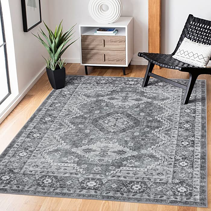 Rugland 5x7 Area Rugs – Stain Resistant Washable Rug, Anti Slip Backing Rugs for Living Room, Boho Persian Tribal Area Rugs (TPR07-Grey, 5'x7')