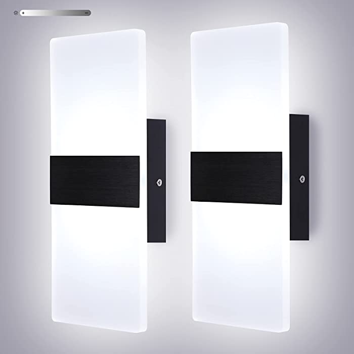 LIGHTESS Modern Wall Sconces Set of 2 Dimmable Sconce Wall Lighting 12W Black Indoor LED Wall Mounted Lamp Hardwired Wall Mounted Lighting Fixture for Bedroom Living Room Hallway, Cool White