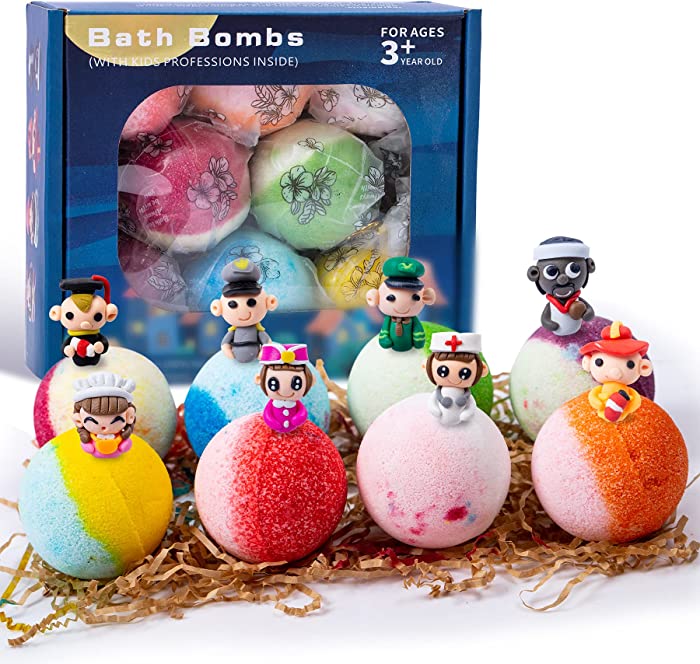 Bath Bombs for Kids with Surprise Toy Inside, Colorful Handmade Natural Bath Ball with Professionals Career Figurine, Children Moisturizing SPA Fizzy Bath Bomb with Coconut Oil Gift Set for Girl Boy