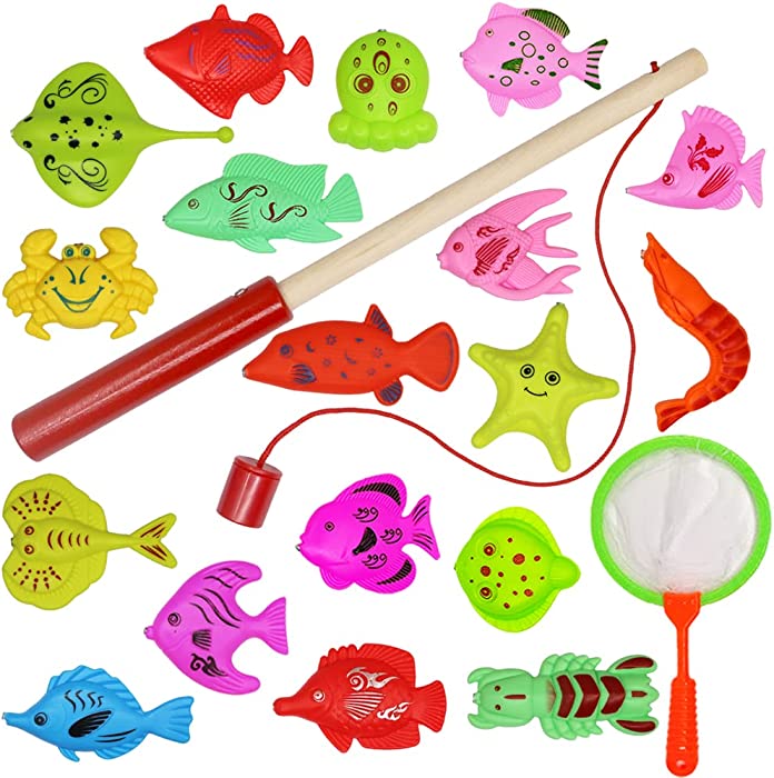 YEITIADY Magnetic Fishing Game Pool Toys for Kids 1 Wooden Fishing Poles 1 catching Fish Tool and 18 Floating Magnet Sea Animals Bathtub Bath Toys Water Fish Toys