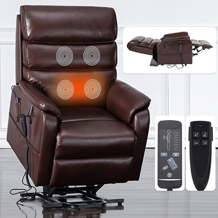 Irene House 9188 Lay Flat Sleeping Dual OKIN Motor Lift Chair Recliners for Elderly Infinite Position Recliner with Heat Massage Up to 300 LBS Electric Power Lift Recliner Chair (Red-Brown Leather)