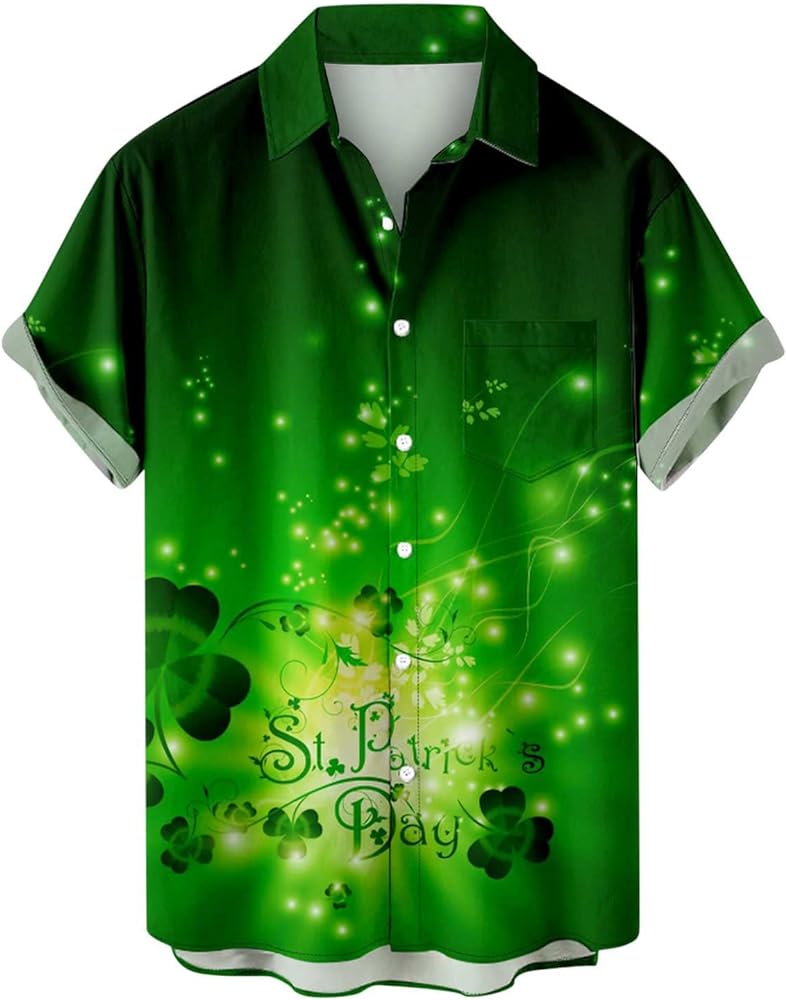 Men's St. Patrick's Day Button Down Short Sleeves Shirts Shamrock Clover Print Vacation Shirt Fitted Casual Tops Blosue