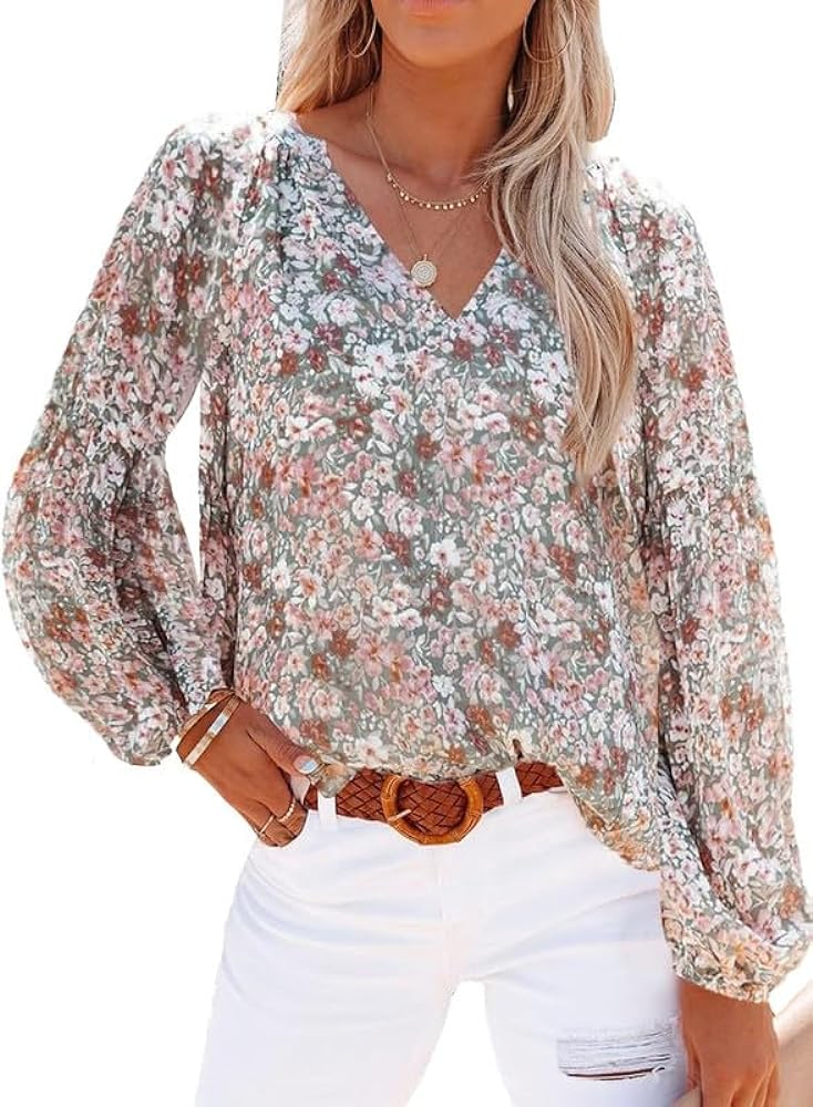 SHEWIN Women's Casual Boho Floral Print V Neck Long Sleeve Loose Blouses Shirts Tops