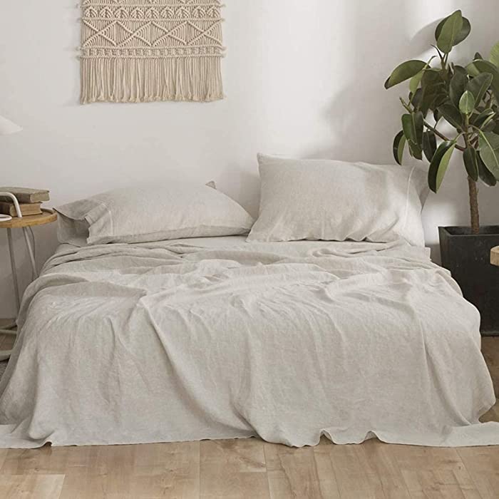 Simple&Opulence 100% Linen Sheet Set Queen Size-4 Piece European Flax Linen Bed Sheet (1 Flat Sheet,1 Fitted Sheet,2 Pillowcases) -Breathable Soft Hemstitched Linen Bedding Set-Natural Linen