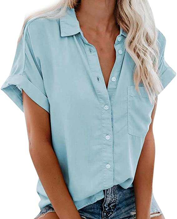 Women's Short Sleeve V-Neck Solid Button Down Shirt Tops Plus Size Casual Work Pockets Collared Tee Blouses Tunic Tops