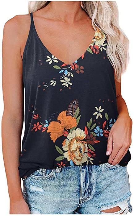 Womens Summer Tops Fashion V-Neck Spaghetti Strap Tank Tops Trendy Camisole Loose Fit Blouse Shirts with Cute Printing