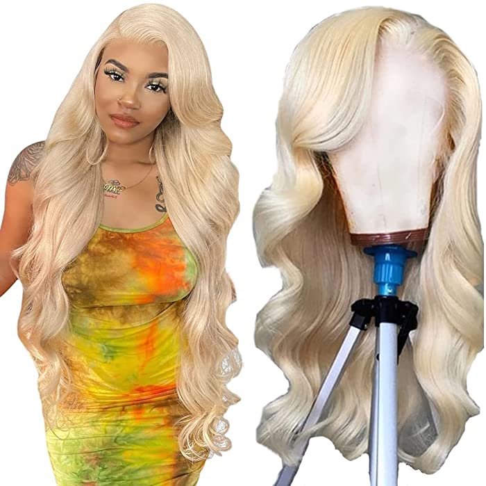 613 Lace Front Wigs Human Hair Pre Plucked Long Blonde Body Wave Human Hair Wigs for Black Women Bleached Knots with Baby Hair 4x4 Glueless Brazilian Lace Closure Wigs 150 Density（26 inch, Body Wig）
