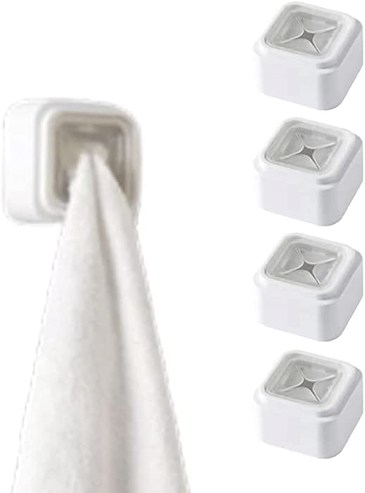 Towel Hangers Holders, Non Perforated Towel Storage,Hook Clip Dishcloth Stopper Kitchen Rag Plug Square Rack Wall Mounted for Cabinet Door/Smooth Surface,Collision Avoidance, 3-Pack (White)