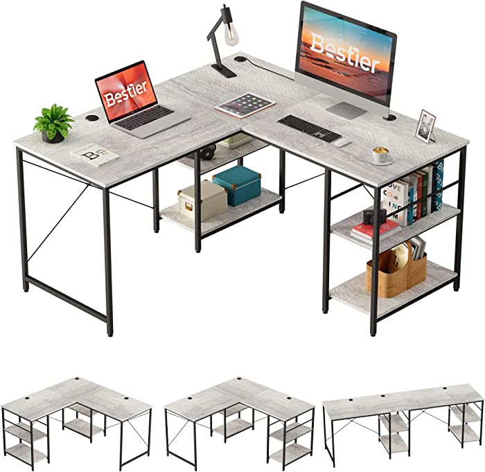 Bestier L Shaped Desk with Shelves 86.6 Inch Reversible Corner Computer Desk or 2 Person Long Table for Home Office Large Gaming Writing Storage Workstation P2 Board with 3 Cable Holes, Grey Oak