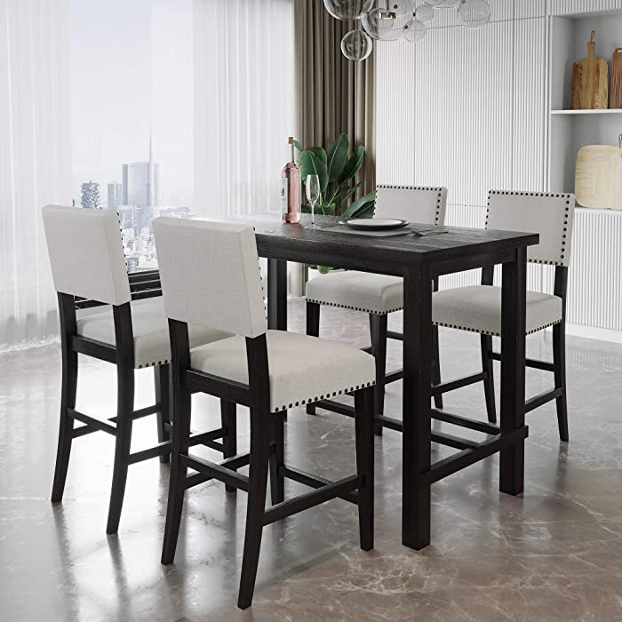 Merax 5 Piece Dining Set Kitchen Table Set Counter Height Table Set with One Rectangle Table and 4 Cushioned Chairs for 4 Persons Dining Room Table Set for Small Place