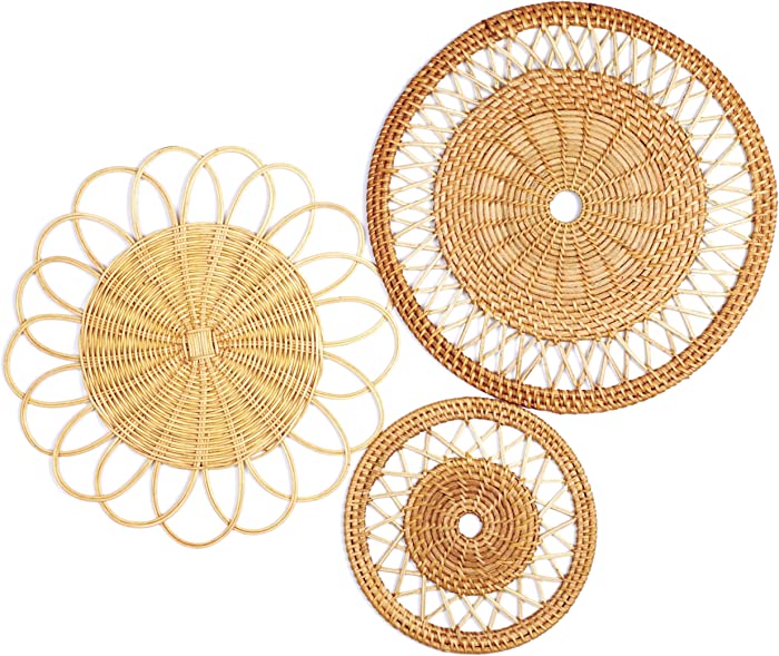 IWALYA Wall Basket Decor Set- 3 Pieces Flat Woven Baskets Great for Boho Wall Decor and Rattan Wall Decor- 7.9"-13.4" Decorative Hanging Wall Basket Set 100% Handmade and Eco Friendly