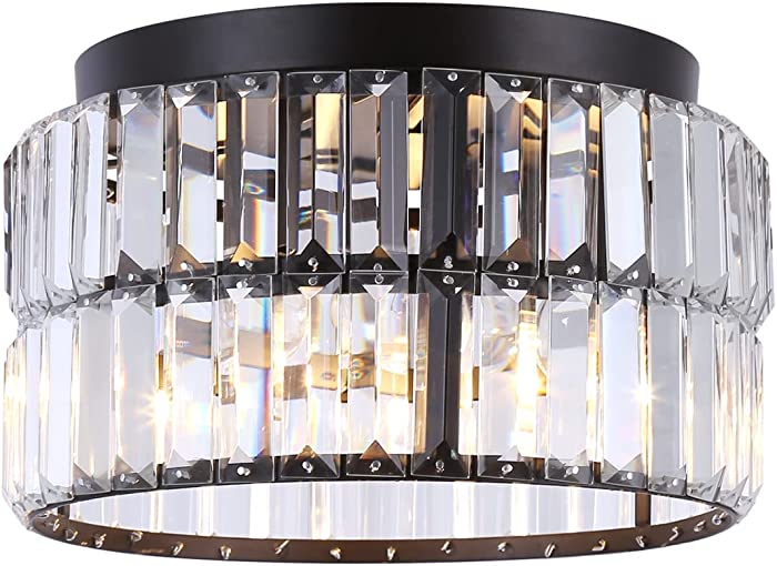 Crystal Flush Mount Ceiling Light, Indoor Modern Close to Ceiling Light with Double Layer K9 Crystal, 3-Light Chandeliers Lighting Fixtures for Living Room Bedroom Porch Hallway Dining Room