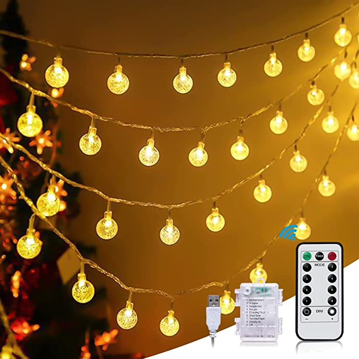 Globe String Lights 33 Ft 100 LED USB & Battery Operated Fairy Lights with Remote 8 Lighting Modes Waterproof Indoor Outdoor Hanging Lights for Bedroom,Party, Wedding,Christmas Decoration(Warm White)