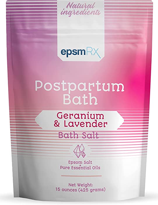 epsmRx Postpartum Bath Salt 15 Oz Epsom Salt Bath Soak Pouch, Geranium Essential Oil, Lavender Essential Oil