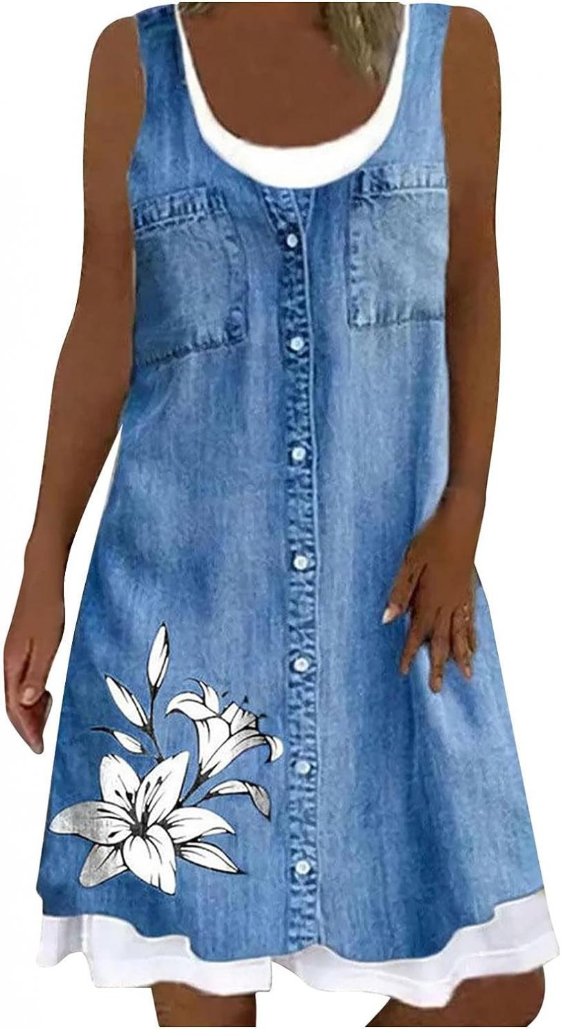 Womens Casual Summer Denim Dresses 2023 Sleeveless Scoop Neck Flowy Tank Sundress Floral Print Jean Dress