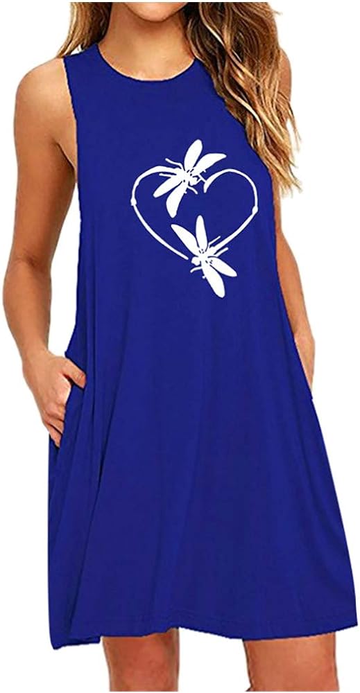 Women Shift Dress Casual Loose Sundresses Sleeveless Tunic Dress Heart Print Short Mini Pocket Dress