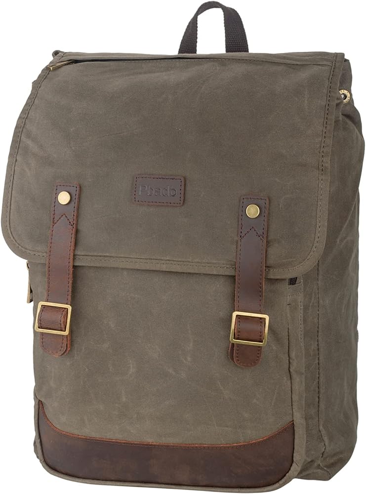 Waterproof Waxed Canvas Backpack for Men Travel Rucksack Leather Trimming (Green)