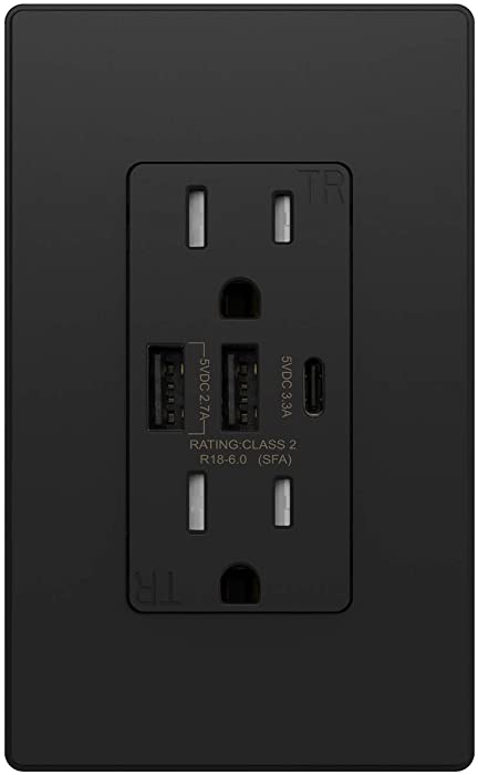 ELEGRP 30W 6.0 Amp 3-Port USB Wall Outlet, 15 Amp Receptacle with USB Type C & Type A Ports, USB Charger for iPhone/iPad/Samsung/LG/HTC/Android Devices, UL Listed, w/ Wall Plate, 1 Pack, Matte Black