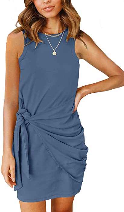 MEROKEETY Women's Summer Sleeveless T Shirt Dress Tie Waist Ruched Crewneck Bodycon Mini Dress