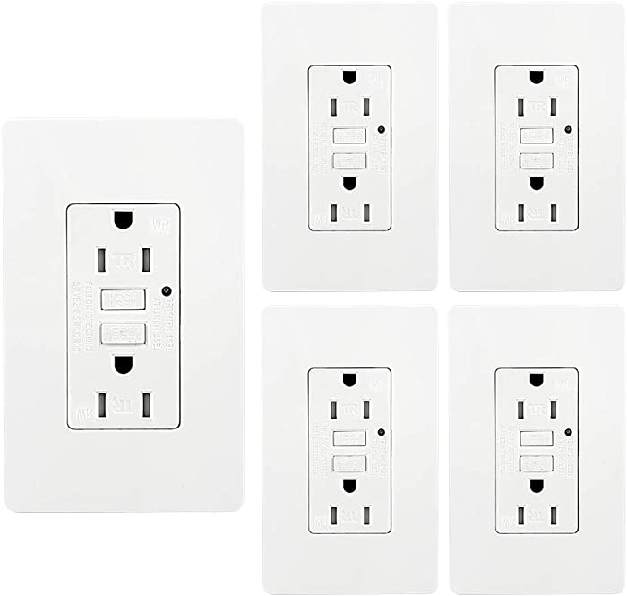 LEOD 15Amp TR&WR GFCI Outlet, 125 Volt Tamper Resistant & Weather Resistant Receptacle with Blue LED Indicator, 10 Pcs Wall Plate and Screws Included, White, ETL Listed (5 Pack)