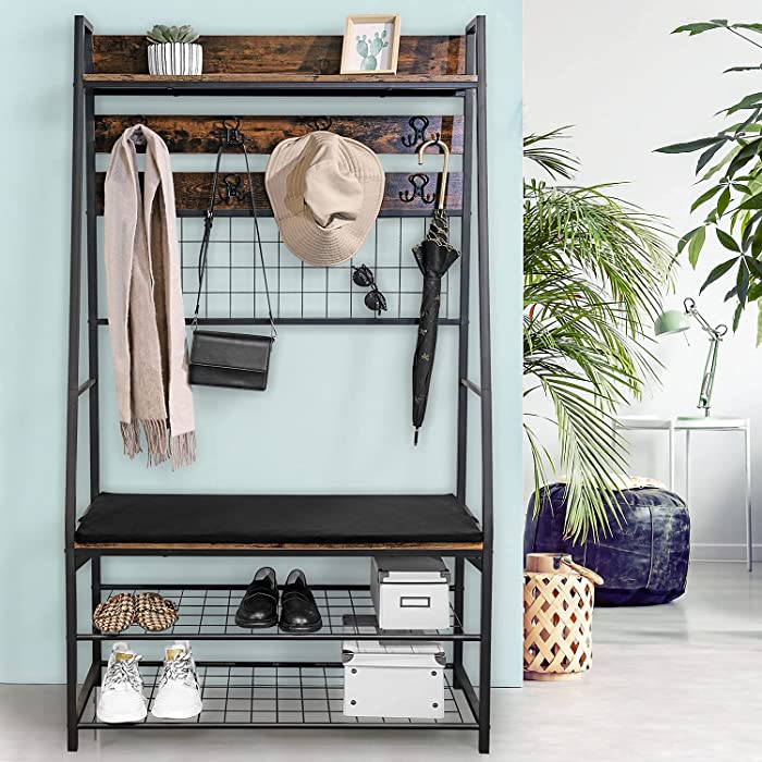 Entryway Hall Trees, E&D FURNITURE Entryway Bench with Coat Rack with Shoe Rack Entryway Home Furniture 5-in-1 Clothes Rack Mudroom Bench with Storage and Hooks