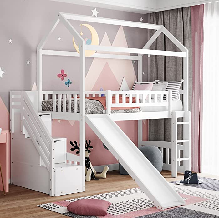Merax House Loft Bed with Slide, Stairs and Storage Drawers No Box Spring Needed, White, Twin Size Platform, w/Stairway