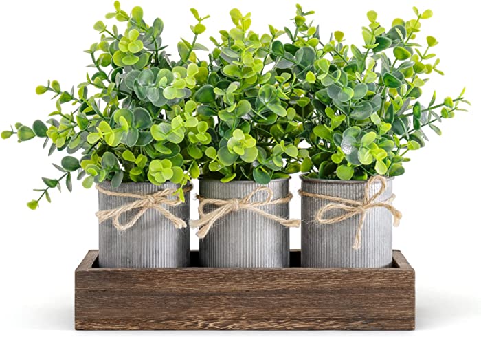 Dahey Decorative Galvanized Metal Pots Centerpiece Decor Wood Tray with Artificial Eucalyptus, 3 Buckets Rustic Farmhouse Home Decor for Coffee Table Dining Room Living Room Kitchen Bath, Brown