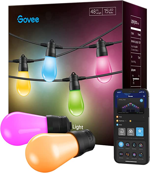 Govee Smart Outdoor String Lights with 15 Dimmable RGBIC LED Bulbs, 48ft IP65 Waterproof Shatterproof Patio Lights, Color Changing Lights with Warm White and 8 Scene Modes for Balcony, Backyard, Party