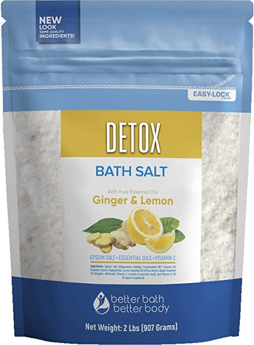 Detox Bath Salt 32 Ounces Epsom Salt with Natural Ginger and Lemon Essential Oils Plus Vitamin C in BPA Free Pouch with Easy Press-Lock Seal