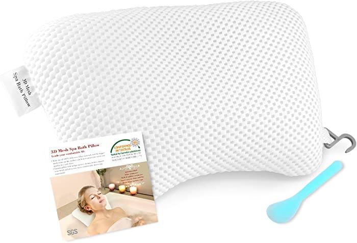 New 3D Mesh Luxury Spa Bath Pillow with Non-Slip Suction Cups, Unique Curve Shaped for Neck & Head Support, Quick Dry Bath Pillows for Bathtub, Fits Any Tub