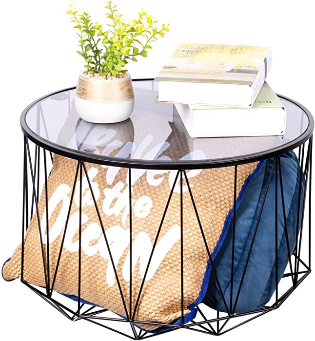 KATHY&BOB Modern Round Coffee Table with Storage, 21 inch Tempered Glass Table Top & Sturdy Metal Frame Sofa Table for Living Room Modern Design Home Furniture with Removable Glass Table Top