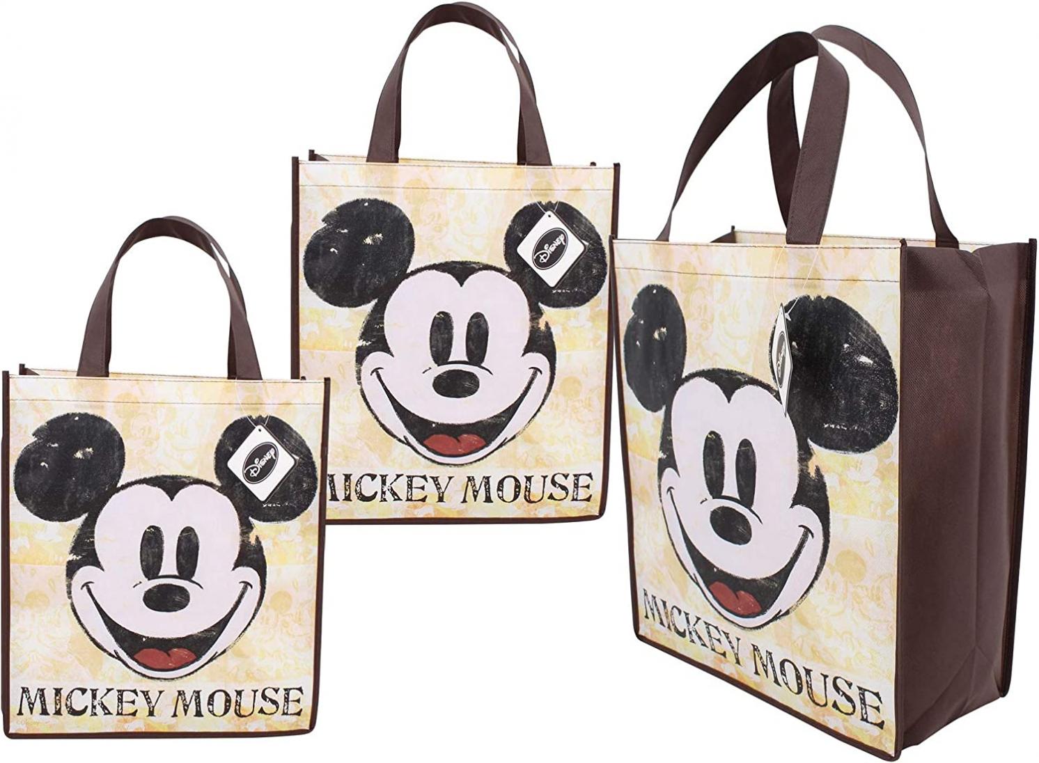 Disney [3-Pack] Mickey Mouse Vintage Style Large 15-inch Reusable Shopping Tote or Gift Bag, Brown