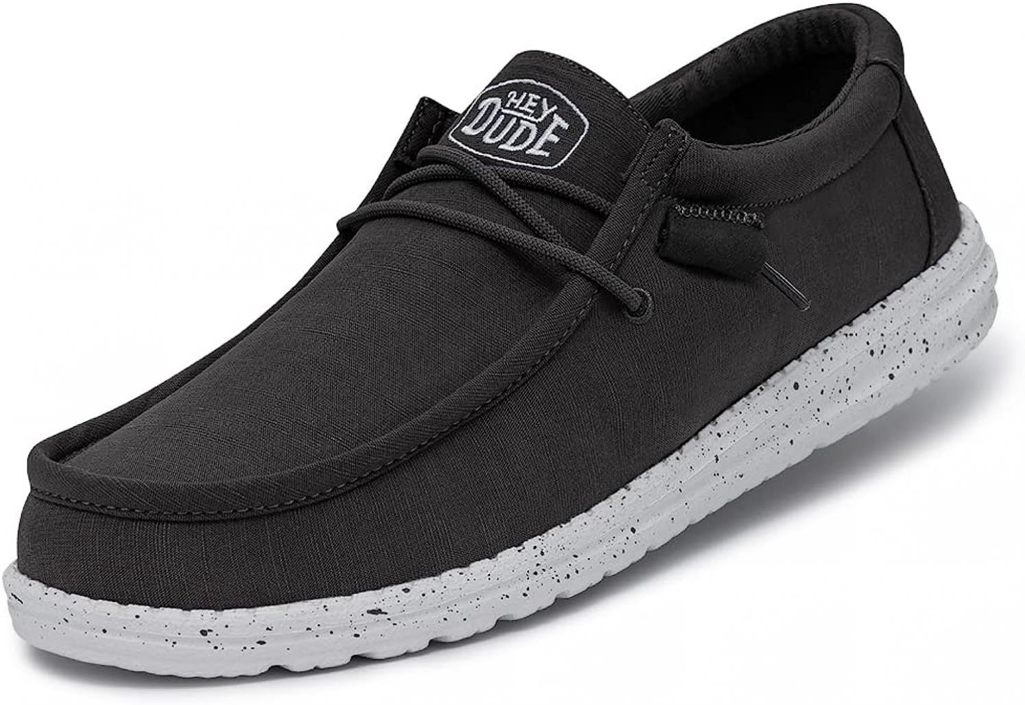 Hey Dude Men's Wally Slub Canvas Dark Grey Size 11| Men's Loafers | Men's Slip On Shoes | Comfortable & Light-Weight