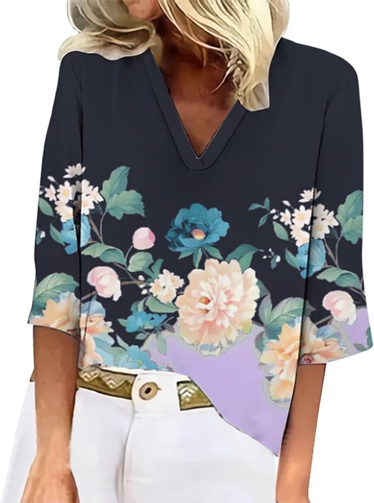 3/4 Sleeve T Shirts for Women Summer Casual Fashion V-Neck Tshirt 2024 Shirt Floral Print Sexy Daily Blouse Ladies Tunic Tops