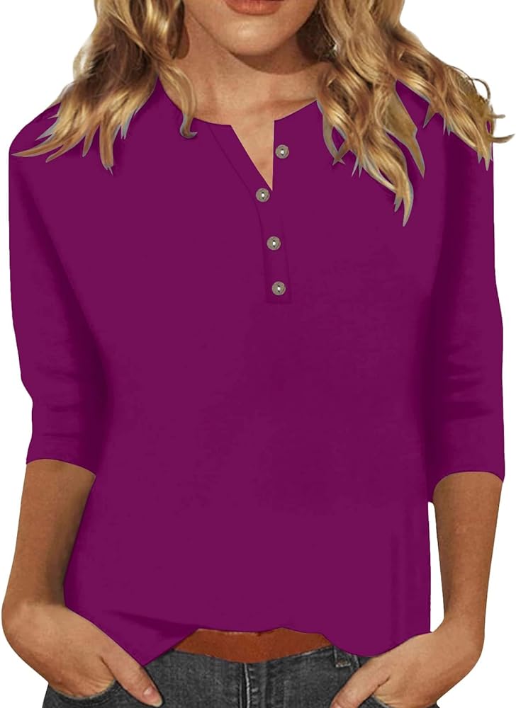 3/4 Length Sleeve Tops for Women Trendy Casual V Neck T Shirt Boho Floral Three Quarter Length Button Dressy Blouses