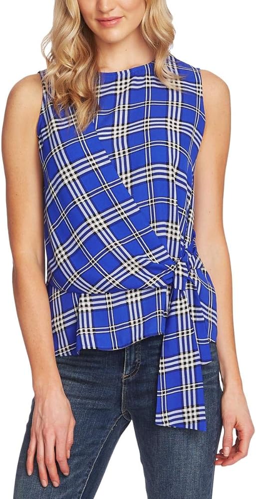 Vince Camuto Women's Sleeveless Asymmetrical Tie Front Plaid Blouse