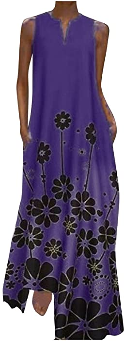 iDWZA Womens Plus Size Long Dresses Summer Casual Printed Boho V Neck Sleeveless Loose Maxi Skirt with Pockets