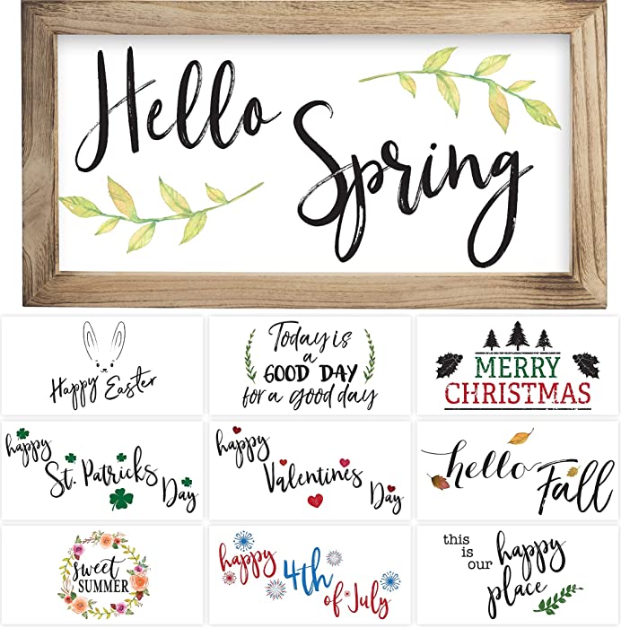 Farmhouse Wall Decor Signs For Spring and Summer Decor With Interchangeable Sayings - Rustic 9X17” Wood Picture Frame with 10 Designs - Easy To Hang Indoor Decorations For Your Home