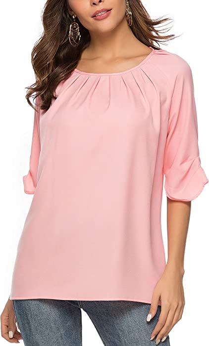 Women's Casual Chiffon Scoop Neck Short Sleeve Pleated Blouse Tops