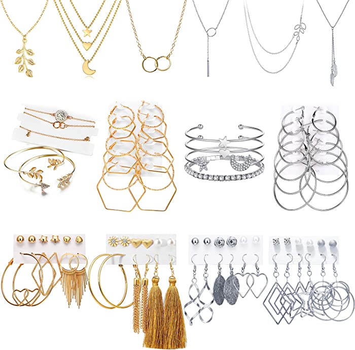 51 PCS Gold Silver Jewelry Set with 6 PCS Necklace,9 PCS Bracelet,36 PCS Layered Ball Dangle Hoop Stud Earrings for Women Jewelry Fashion and Valentine Birthday Party Gift