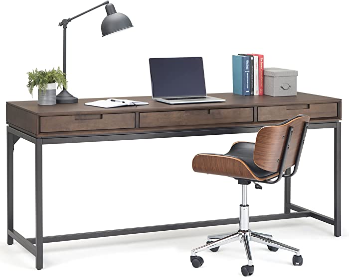 SIMPLIHOME Banting SOLID WOOD and Metal Modern Industrial 72 inch Wide Home Office Desk, Writing Table, Workstation, Study Table Furniture in Walnut Brown with 2 Drawerss