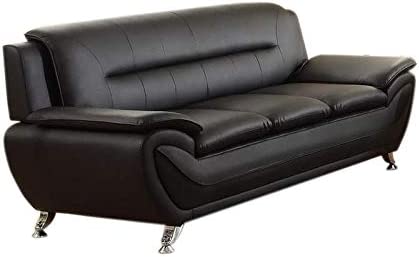 Kingway Furniture Montac Faux Leather Sofa, Modern Couch for Living Room, Solid Wood Frame, Black