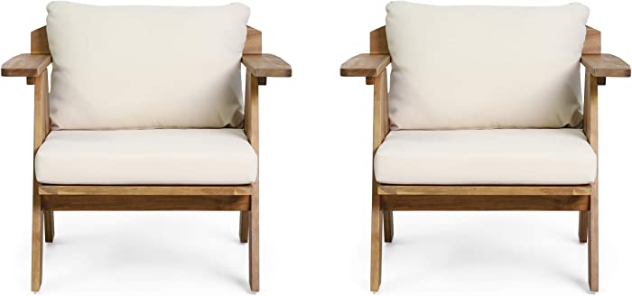 Christopher Knight Home Arcola Outdoor Acacia Wood Club Chairs with Cushions (Set 2), Teak Finish, Beige