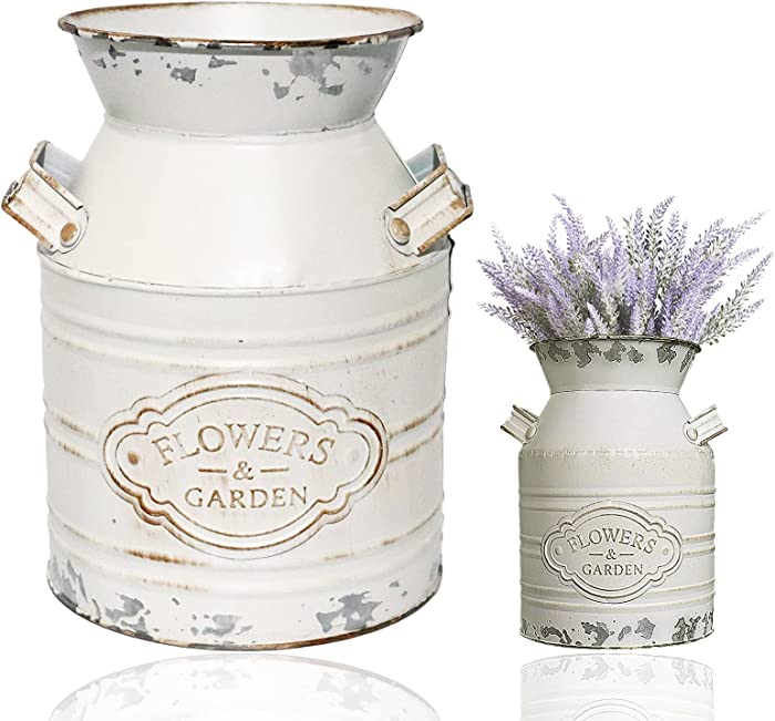 LISM Vintage Metal Flower Vase, Metal Galvanized Milk Can White Farmhouse Vase Decor with Handle for Home Decoration，7.5 inch H