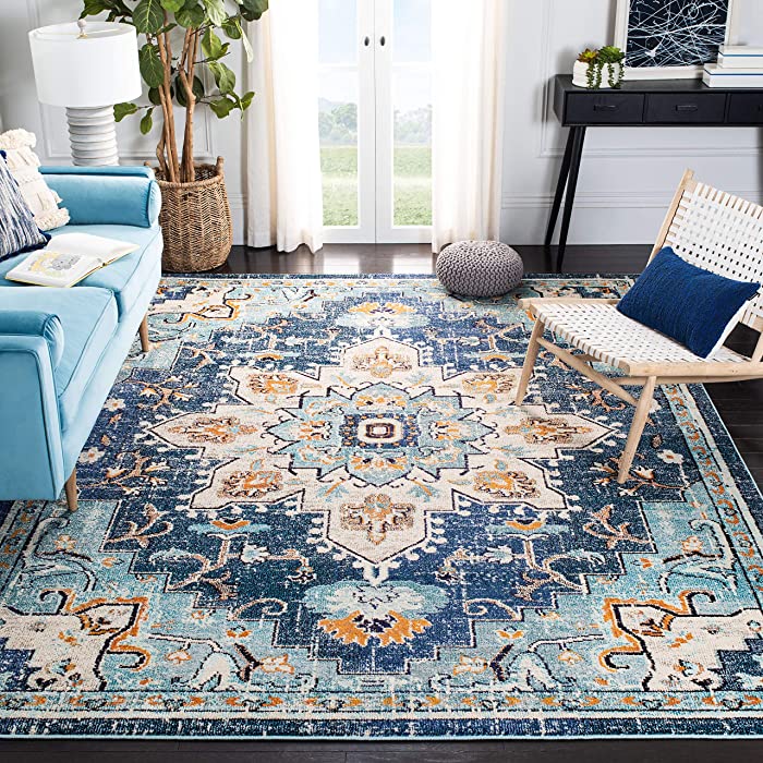 SAFAVIEH Madison Collection 6' x 9' Blue / Light Blue MAD473M Boho Chic Medallion Distressed Non-Shedding Living Room Bedroom Dining Home Office Area Rug