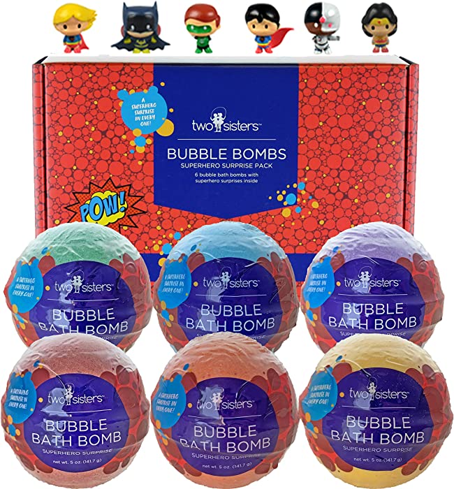 Two Sisters Spa Bubble Bombs Superhero Surprise Set | Bath Bombs for Kids with Toys Inside | 6-Pack Set in a Gift Box | Safe for Sensitive Skin | Fizzy and Bubbly Bath Balls for Boys and Girls