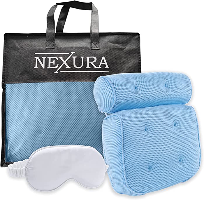 Nexura Bath Pillow Luxury Comfort - Upgraded with 6 Strong Adhesive Non-Slip Suction Cups, Thick & Soft, Air Mesh Technology Bathtub for Headrest, Back Neck Support Sleep Eye Pad (Blue), 3D-B