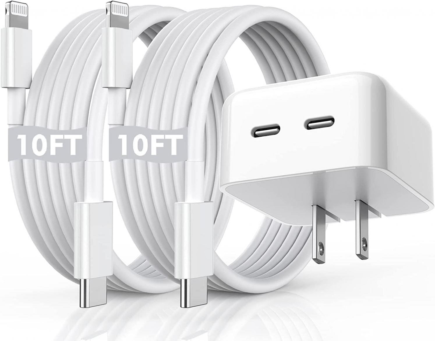 iPhone Fast Charger, 40W Dual USB-C Quick Wall Charger[MFi Certified] 2pack 10FT Extra Long Lightning Cable+Double Port Foldable USBC Apple Charger Fast Charging for iPhone 14/13/12/11/XR/XS/SE/iPad