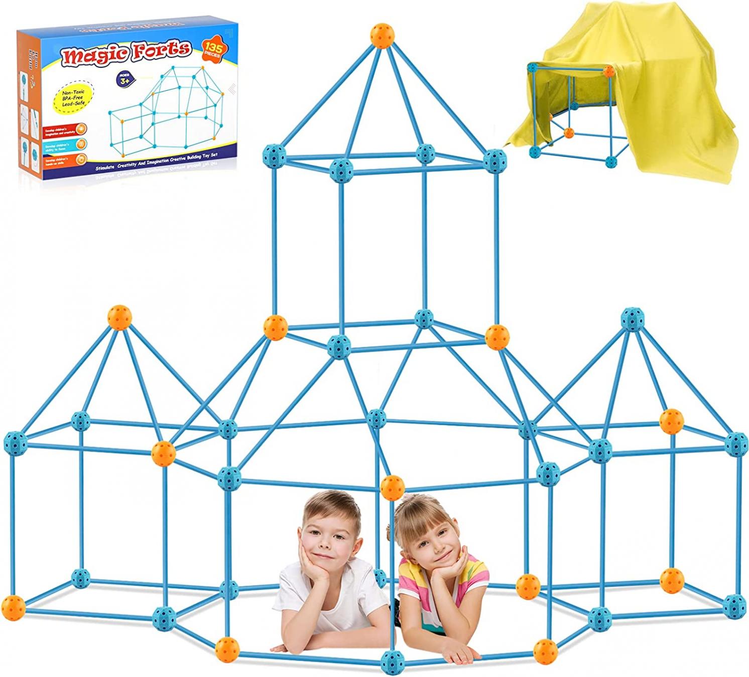 Kids Fort Building Kit, 135 PCS Indoor/Outdoor Play Fort Toys for Age 5,6,7,8,9,10,11,12 Years Old Boys & Girls, STEM Toys & Gifts Construction Fort DIY Castles Tunnels Play Tent Rocket Tower